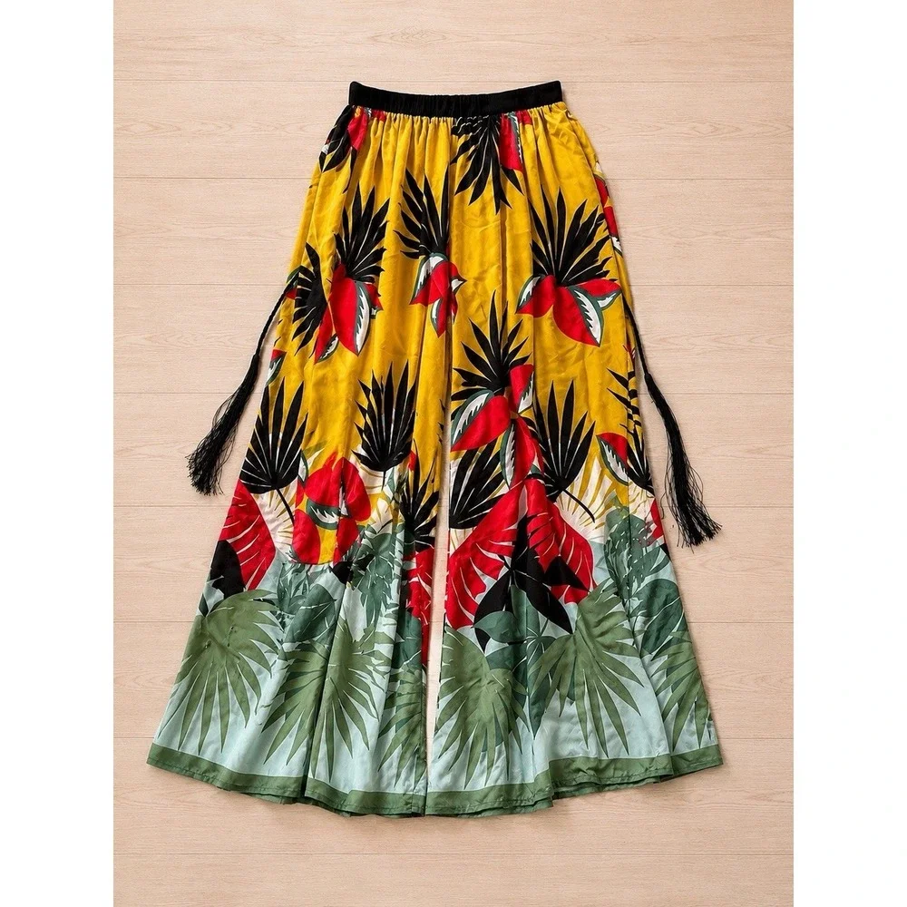 Beatrice B Silk Tropical Wide Leg Pants Women's M Yellow Floral Fringe Italy